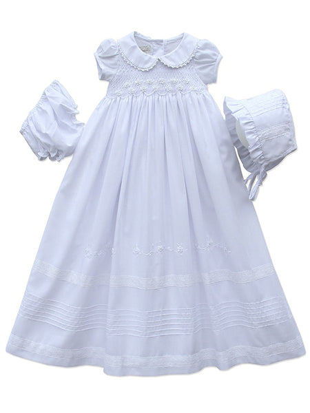 Hand Smocked Lace Christening Gown and Bonnet for Baby Girls