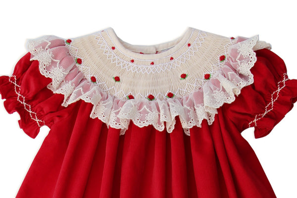 Hand Smocked Red Girls Bishop Dress with Lace Size 5