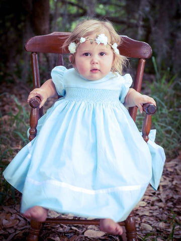 Girls Smocked Blue Heirloom Ribbon Dress