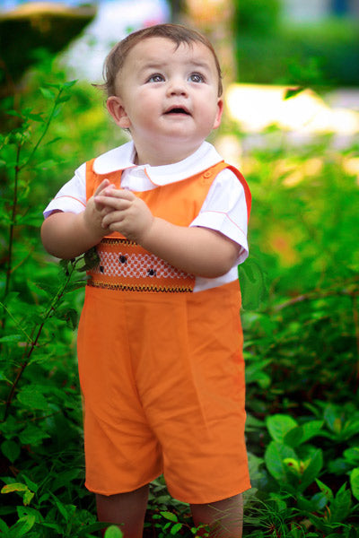 Orange smocked long overall pants for boys with Halloween and spider embroidery design  - 2